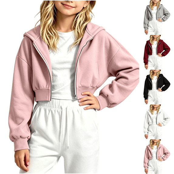 Fleece Hoodies for Teen Girls Zip up Long Sleeve Cropped Hooded Kids Sweatshirts Pink 15Y(170)