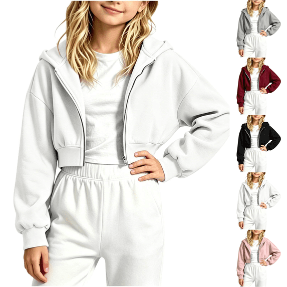 Fleece Hoodies for Teen Girls Zip up Long Sleeve Cropped Hooded Kids Sweatshirts White 8-9Y(130)