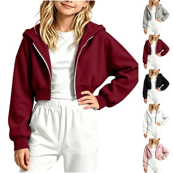 Fleece Hoodies for Teen Girls Zip up Long Sleeve Cropped Hooded Kids Sweatshirts Wine 8-9Y(130)