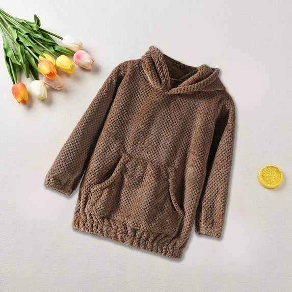 Fleece Hoodies for Toddlers Kids Sherpa Long Sleeve Sweatshirts with Pocket Size 1-6 Boys & Girls Cute Solid Color Pullover Thermal Warm Hooded Tops