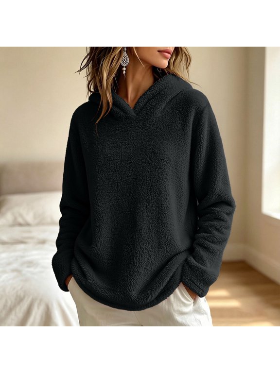 Fleece Hoodies for Women Long Sleeve Fuzzy Fluffy Plush Hoodie Women's Fall Winter Solid Loose Cozy Thick Thermal Pullover Top