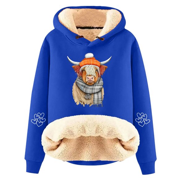 Hoodies for Women Thick Highland Cattle Print Long Sleeve Hooded Sweatshirt 2025 Pullover Casual Sweaters Winter Y2k Clothes