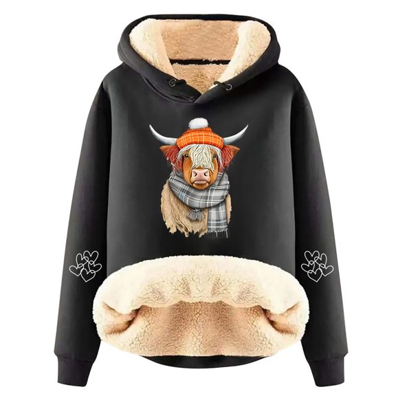 Hoodies for Women Thick Highland Cattle Print Long Sleeve Hooded Sweatshirt 2025 Pullover Casual Sweaters Winter Y2k Clothes