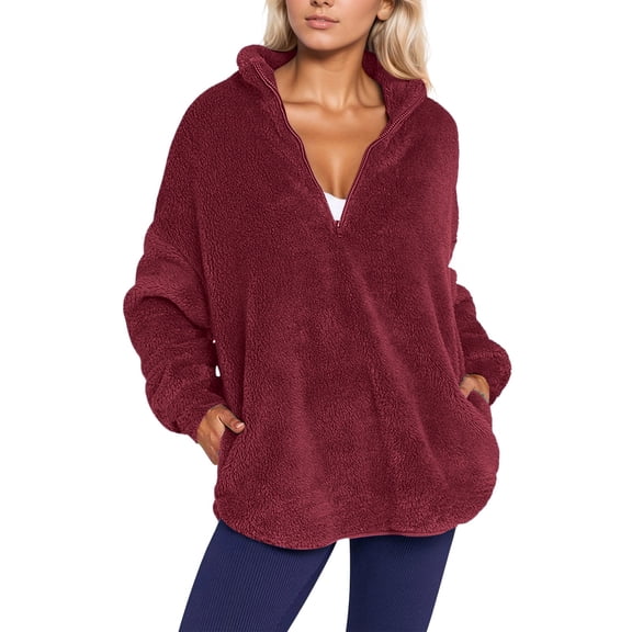 Fleece Jacket Cozy Soft Winter Stand Collar Pullover Casual Outerwear For Fall And Cold Weather ComfortRedS