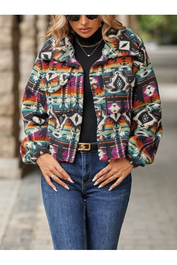 Fleece Jacket Ethnic Print Long Sleeve Shacket (S, MultiPurple)