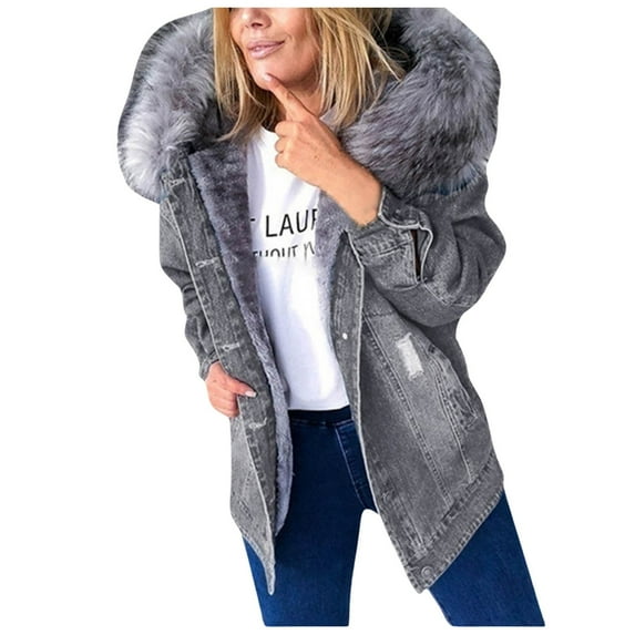 Jacket Extra Thick Denim Jacket Long Sleeve Collar Solid Ripped Old Jacket Shearling Jacket Women Grey S