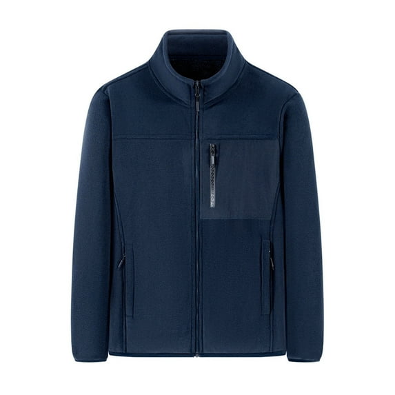 Fleece Jacket Men - Long Sleeve Full Zip Jacket Coat Mens Solid Color Stand Collar Chest Pocket Warm Winter Outwear (4XL, Dark Blue)