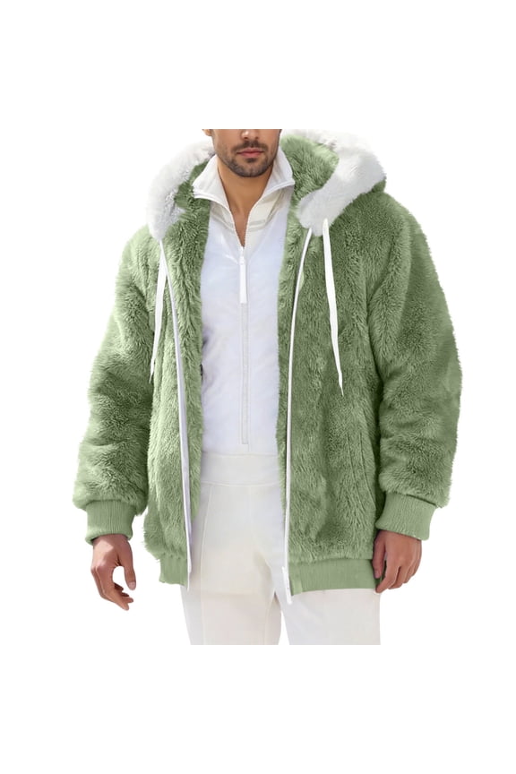 Fleece Jacket Men, Men's Fashion Full-Zip Solid Color Long-Sleeve Hooded Double-Faced Fleece Jacket Top, Regular-Fit, Long Coat Men