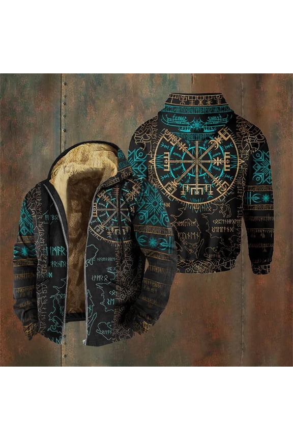 Fleece Jacket Men Vintage Viking Graphic Sherpa Zip Up Heavy Warm Fleece Lined Coats (Black XL)