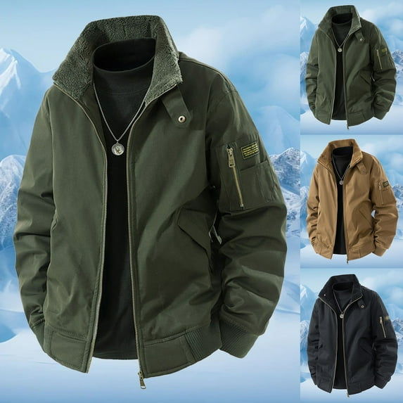 Jacket Men Windproof Full Zip Stand Collar Coat Casual Fall Winter Padded Warm Thickened Comfy Outdoor Sports Mens Jackets Green XXXL