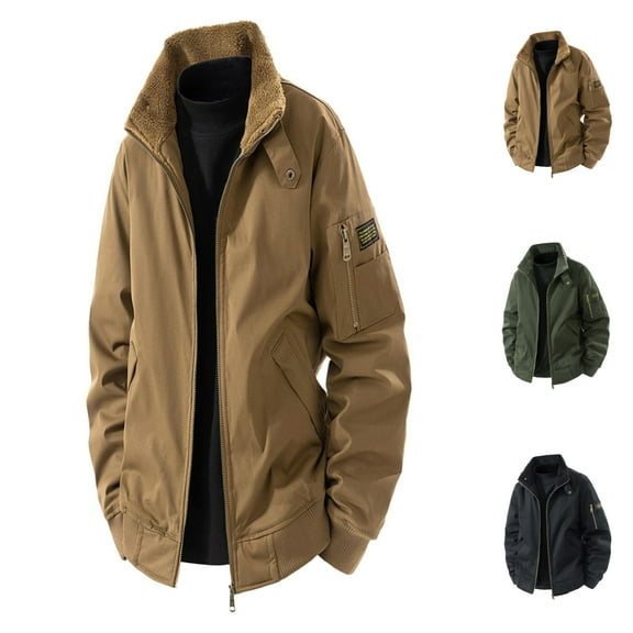 Jacket Men Windproof Full Zip Stand Collar Coat Casual Fall Winter Padded Warm Thickened Comfy Outdoor Sports Mens Jackets Khaki XXXL