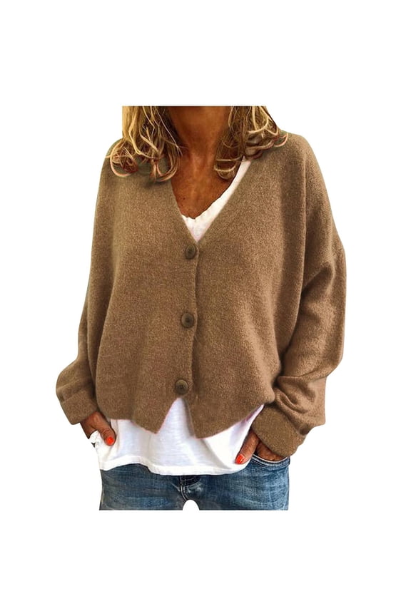 Fleece Jacket Women 2024 Trendy Women's Button Solid Knit Sweater Cardigan Long Sleeved Jacket(Khaki L)
