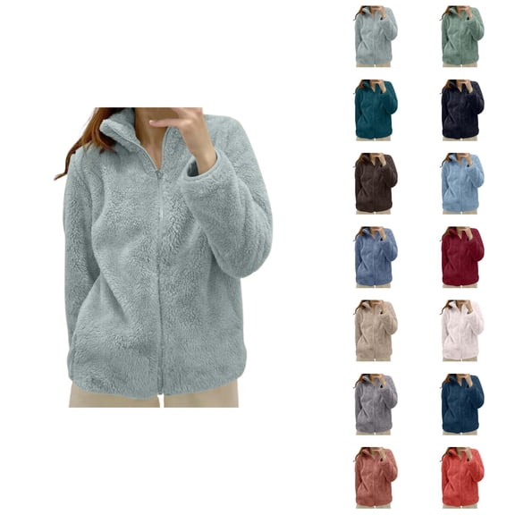 Fleece Jacket Women 2026 Fashion Thick Thermal Long Sleeve Stand Collar Full Zip Up Winter Coat Outerwear