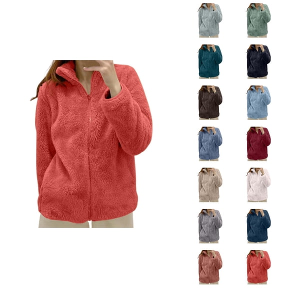 Fleece Jacket Women 2026 Fashion Thick Thermal Long Sleeve Stand Collar Full Zip Up Winter Coat Outerwear