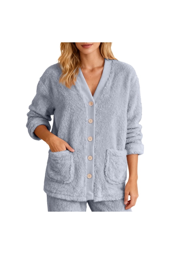 Fleece Jacket Women Cozy Warm Bed Jackets for Women Fuzzy V Neck Button Up Sleepwear Long Sleeve Winter Coat
