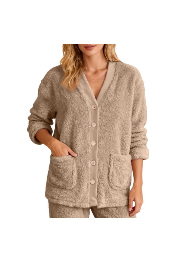 Fleece Jacket Women Cozy Warm Bed Jackets for Women Fuzzy V Neck Button Up Sleepwear Long Sleeve Winter Coat
