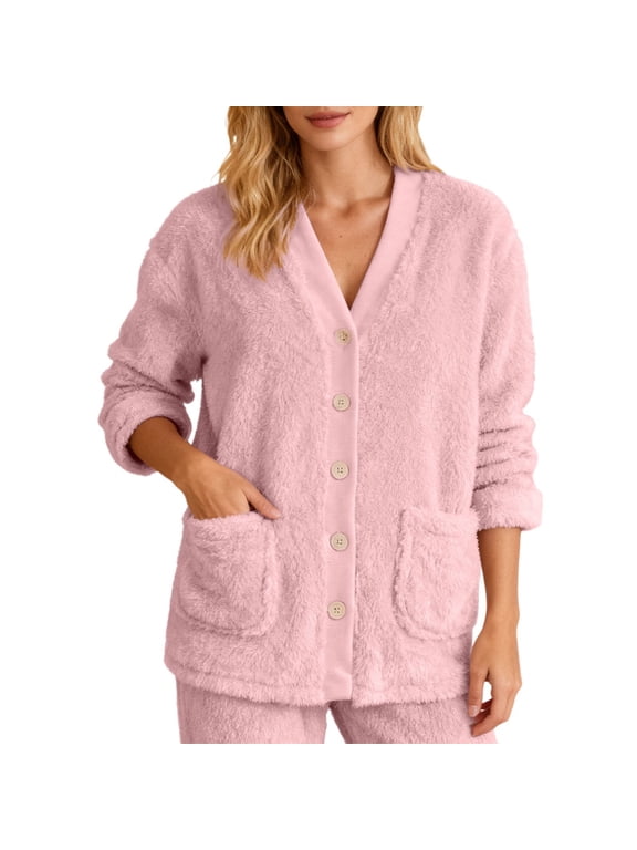 Fleece Jacket Women Cozy Warm Bed Jackets for Women Fuzzy V Neck Button Up Sleepwear Long Sleeve Winter Coat
