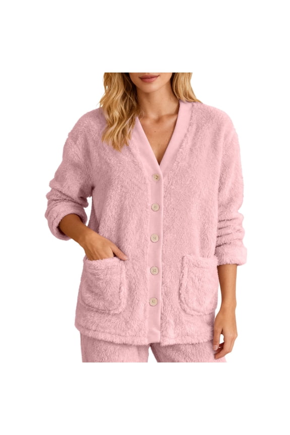 Fleece Jacket Women Cozy Warm Bed Jackets for Women Fuzzy V Neck Button Up Sleepwear Long Sleeve Winter Coat