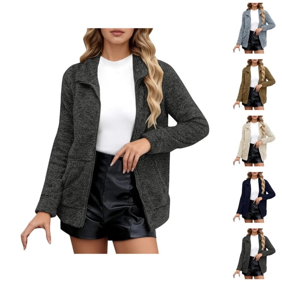 Fleece Jacket Women Fall Lightweight Long Sleeve Casual Collared Zip Up Jackets with Pockets Fuzzy Coat Outerwear