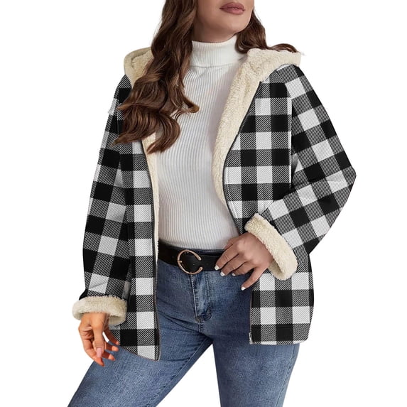 Fleece Jacket Women Flannel Hooded Plaid Coat Fall Full Zip Up Fuzzy Jackets,Womens Casual Clothing,Winter Oversized Clothes,Warm Cozy,Loose Trendy Outerwear