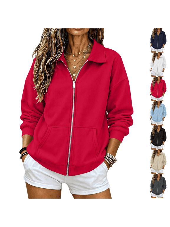 Fleece Jacket Women Full Zip Lapel Lightweight Full Zipper Casual Sweatshirt Dual Patch Pockets No Hood Streamlined Womens Jackets Casual Fuzzy Cozy Touch Open Front Cardigan Office Work Business