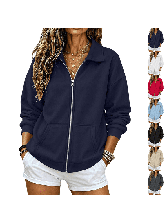 Fleece Jacket Women Full Zip Lapel Lightweight Full Zipper Casual Sweatshirt Dual Patch Pockets No Hood Streamlined Womens Jackets Casual Fuzzy Cozy Touch Open Front Cardigan Office Work Business