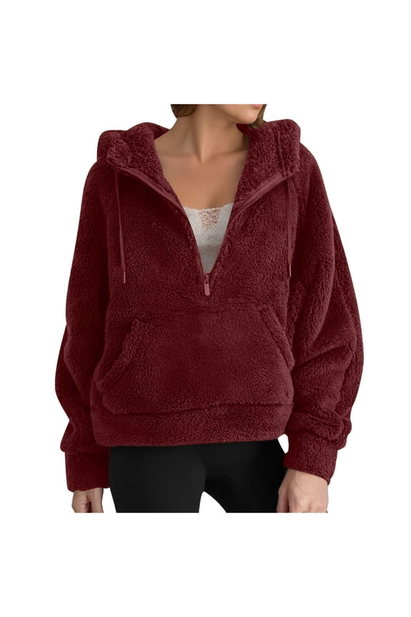 Fleece Jacket for Women Half Zip Coats Flannels Thicken Hooded Pullover Long Sleeve Quilted Puffer Coat Drawstring Garments V Neck Tops Winter Warm Apparel Fashion Outwear