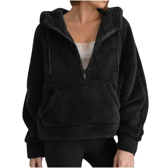 Fleece Jacket for Women Half Zip Coats Flannels Thicken Hooded Pullover Long Sleeve Quilted Puffer Coat Drawstring Garments V Neck Tops Winter Warm Apparel Fashion Outwear