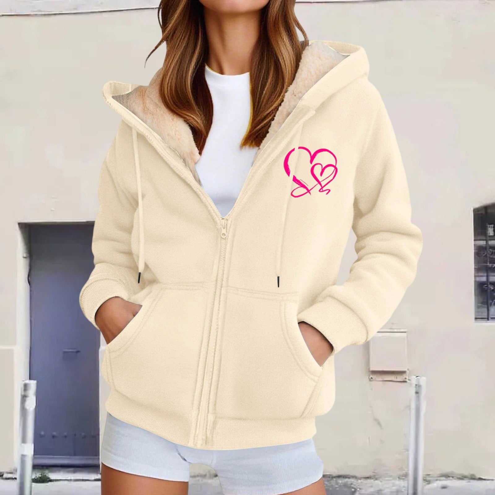 Jacket Women Heavyweight Jackets for Winter Warm Lined Hooded Open Front Coat Soft Cozy Outerwear with Pockets Womens Winter Coats Beige L
