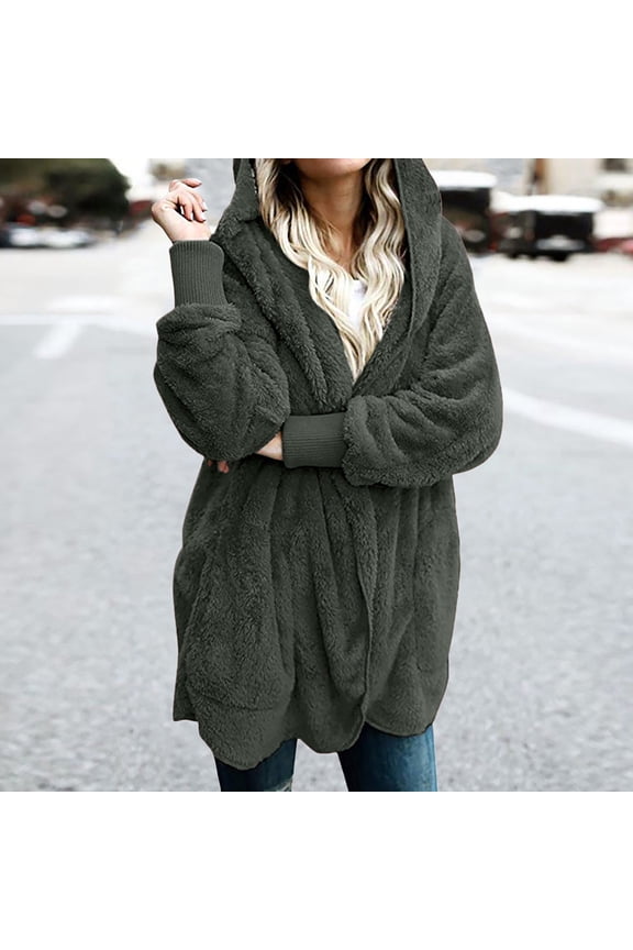 Fleece Jacket Women with Hood Fuzzy Long Sleeve Winter Coats Open Front Cardigan Sweater Teddy Bear Jackets with Pockets Thermal Warm Fall Clothes Soft Comfy Cozy Pajamas, S-5XL