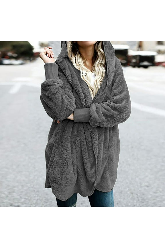 Fleece Jacket Women with Hood Fuzzy Long Sleeve Winter Coats Open Front Cardigan Sweater Teddy Bear Jackets with Pockets Thermal Warm Fall Clothes Soft Comfy Cozy Pajamas, S-5XL