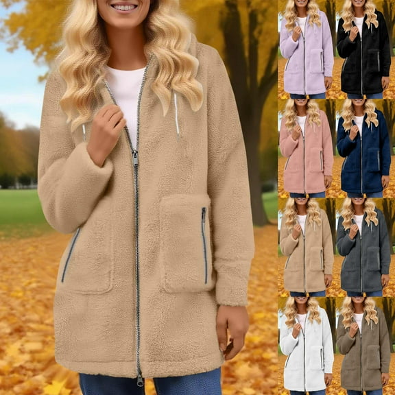 Fleece Jacket for Women with Hooded Plus Size Long Sleeve Solid Color Winter Coat Women's Fashion Casual Loose Hooded Outdoor Warm Cardigan Coat Outerwear Khaki XXL