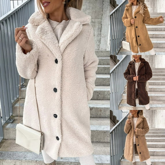 Fleece Jacket for Women with Hooded Plus Size Windproof Solid Color Warm Coat Women's Casual Loose Winter Wool Long Sleeve Velvet Mid-Length Coat Outerwear Beige 3XL