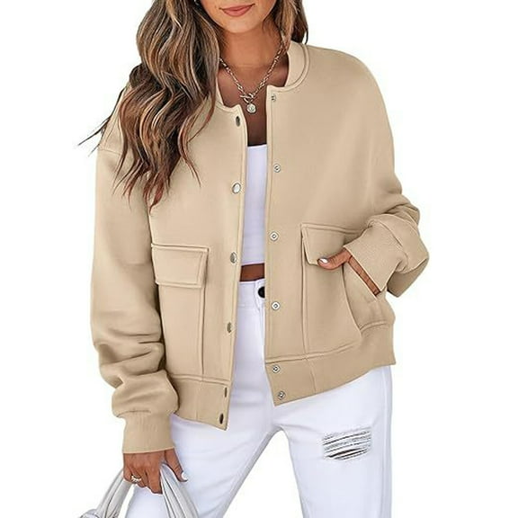 Fleece Jacket Women Oversized Bomber Jacket Fall Winter Lightweight Business Vintage Crop Jackets Coat Beige M