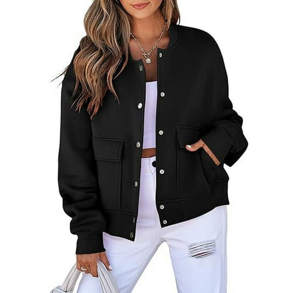 Fleece Jacket Women Oversized Bomber Jacket Fall Winter Lightweight Business Vintage Crop Jackets Coat Black L