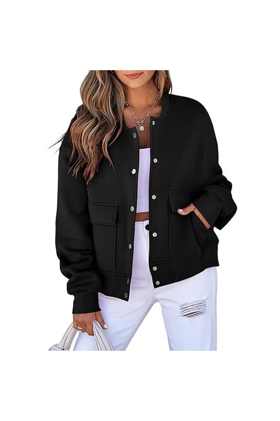 Fleece Jacket Women Oversized Bomber Jacket Fall Winter Lightweight Business Vintage Crop Jackets Coat Black M
