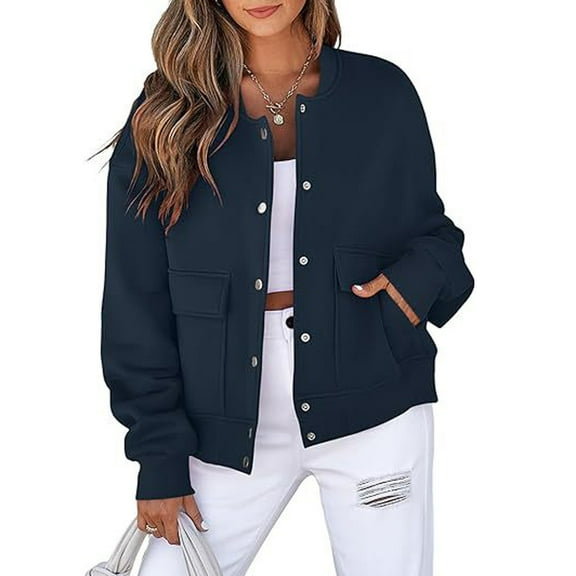 Fleece Jacket Women Oversized Bomber Jacket Fall Winter Lightweight Business Vintage Crop Jackets Coat Navy L