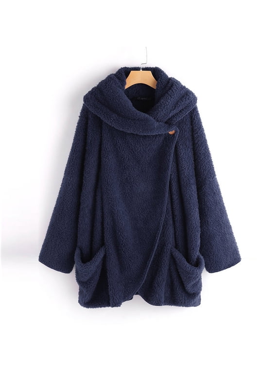 Fleece Jacket Women Oversized Warm Winter Coats for Women Loose Plus Size Lapel Collar Sweatshirt Batwing Sleeve Button Loungewear Side Pockets Solid Outwear Pullover Navy qILAKOG Size XXXXL