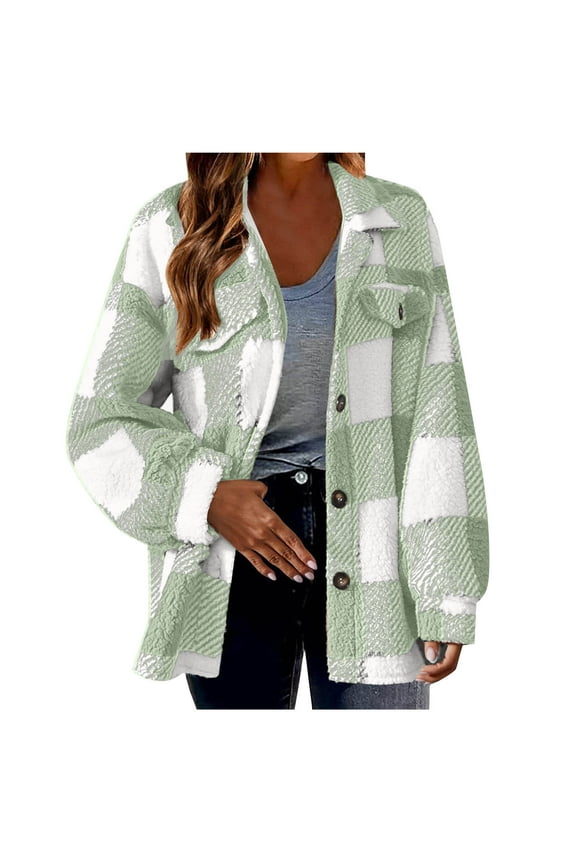 Fleece Jacket Women Plaid Flannel Button Down Shacket Long Sleeve Sherpa Outerwear Fuzzy Winter Coats