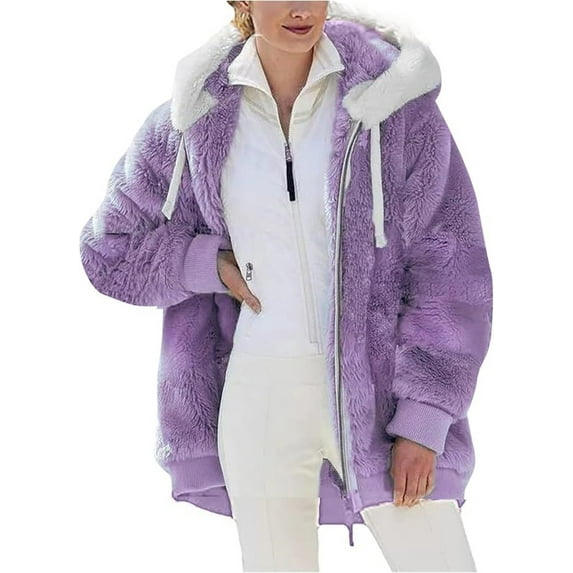 Fleece Jacket Women Plus Size Warm Winter Coats Fluffy Sherpa Hoodie Zip up Casual Color Block Faux Fur Cardigan Coat Shaggy Cardigan Sweater Outerwear