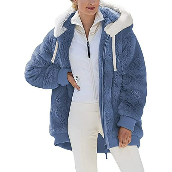 Fleece Jacket Women Plus Size Warm Winter Coats Fluffy Sherpa Hoodie Zip up Casual Color Block Faux Fur Cardigan Coat Shaggy Cardigan Sweater Outerwear