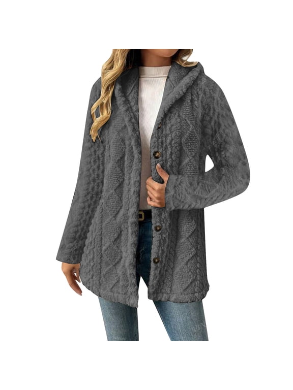 Fleece Jacket Women Sevevn Women's Winter Double-Sided Fleece Long-Sleeved Button Hooded Warm Jacket