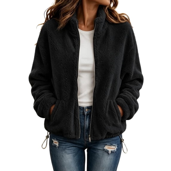 Fleece Jacket Women Solid Color Stand Collar Zip Up Fuzzy Short Coat with Pockets for Fall Daily Wear and Casual Outings