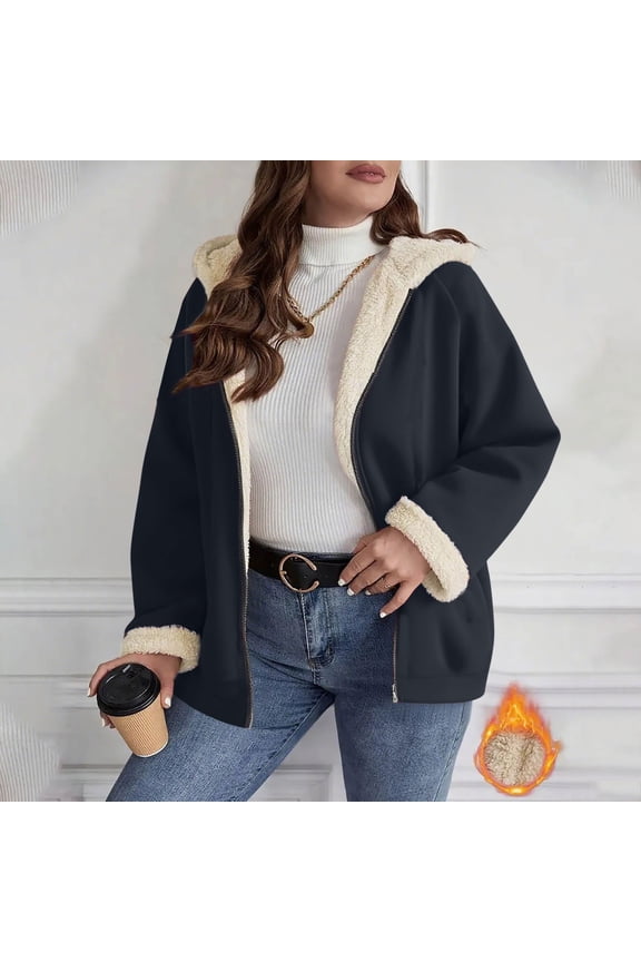 Fleece Jacket Women Woman Coat Fashion Women Oversized Zip Solid Casual Coat Long Sleeve Hooded Casual Outwear Jackets Pockets Tops Navy S
