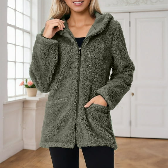 Jacket Women Women's Casual Solid Color Hooded Sweater Coat Long Sleeve Double Outerwear for Daily Outdoor Womens Winter Coats Army Green L