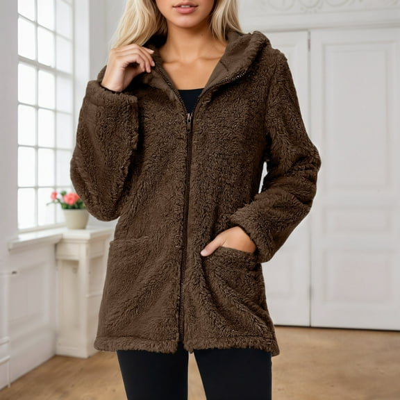 Jacket Women Women's Casual Solid Color Hooded Sweater Coat Long Sleeve Double Outerwear for Daily Outdoor Trench Coat Women Brown L