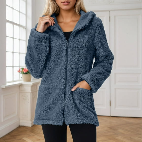 Jacket Women Women's Casual Solid Color Hooded Sweater Coat Long Sleeve Double Outerwear for Daily Outdoor Womens Coats Navy S