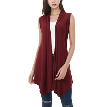 Fleece Jacket Women Women's Front Draped Cardigan Vest Hem Asymmetric Open Sleeveless Jackets Women Coat Wine M