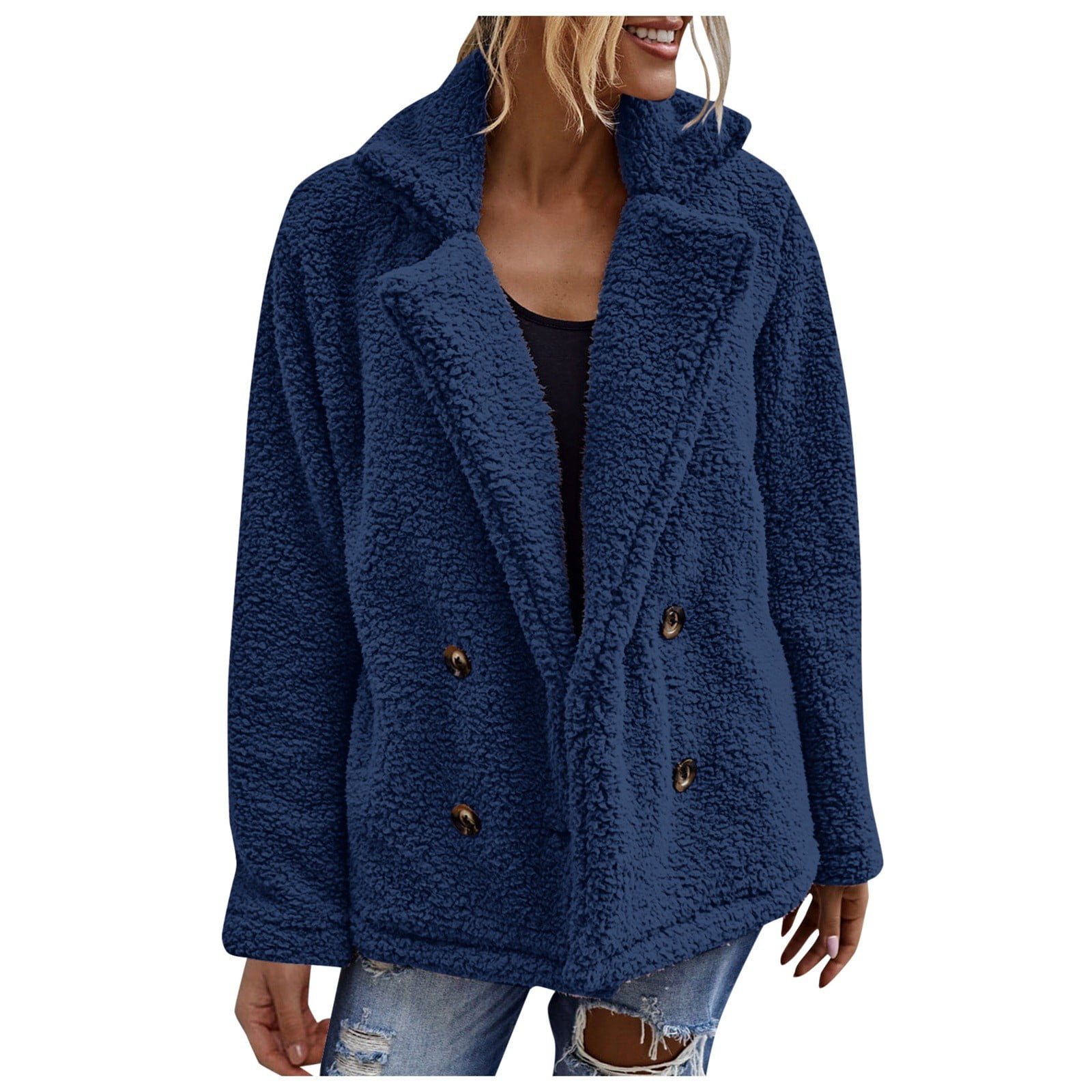 Jacket Women Women's Solid Color Winter Buttoned Jackets with Pockets Casual Style Coats for Women Blue L