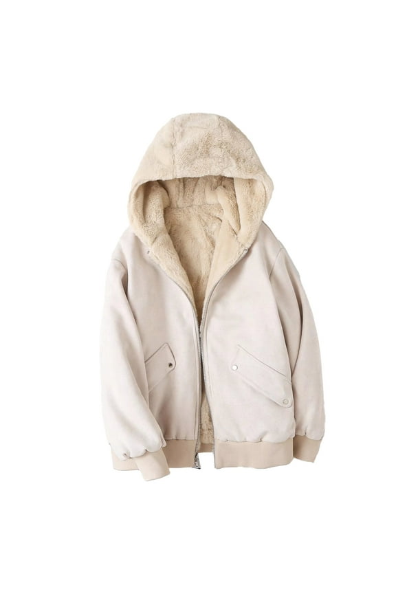 Fleece Jacket Women Women's Winter Warm Reversible Plush Hooded Solid Thickened Jackets Women Coat Beige M